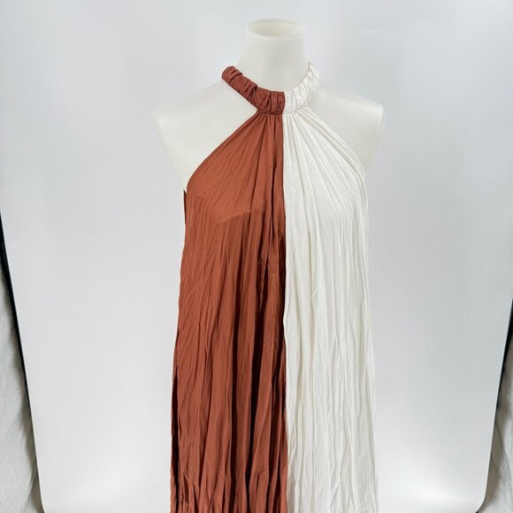 Letmebe Anthropologie XS Halter Maxi Dress Brown & White Colorblock Viscose - Picture 11 of 13